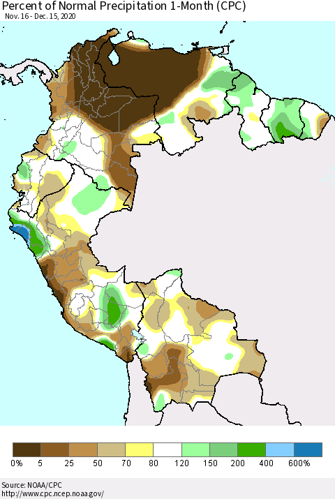 Northern South America Percent of Normal Precipitation 1-Month (CPC) Thematic Map For 11/16/2020 - 12/15/2020
