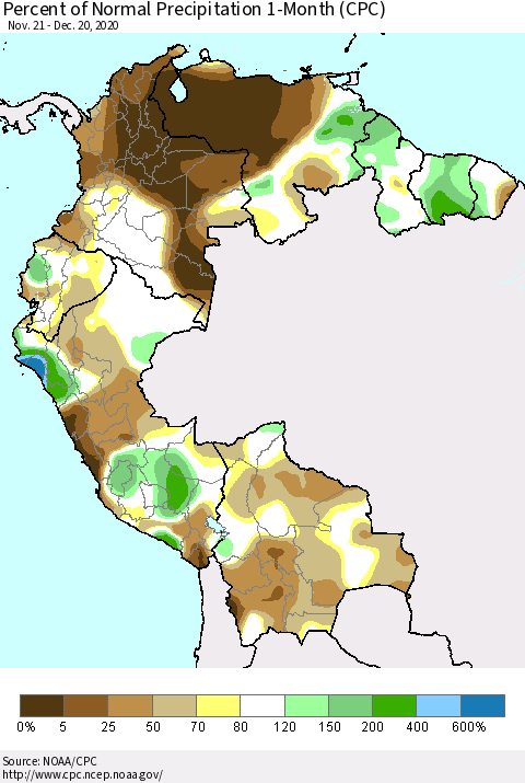 Northern South America Percent of Normal Precipitation 1-Month (CPC) Thematic Map For 11/21/2020 - 12/20/2020