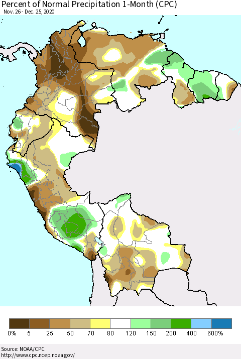 Northern South America Percent of Normal Precipitation 1-Month (CPC) Thematic Map For 11/26/2020 - 12/25/2020