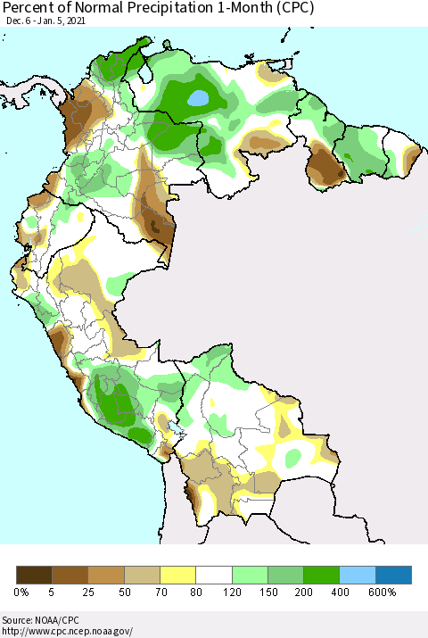 Northern South America Percent of Normal Precipitation 1-Month (CPC) Thematic Map For 12/6/2020 - 1/5/2021