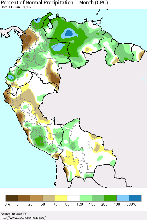 Northern South America Percent of Normal Precipitation 1-Month (CPC) Thematic Map For 12/11/2020 - 1/10/2021