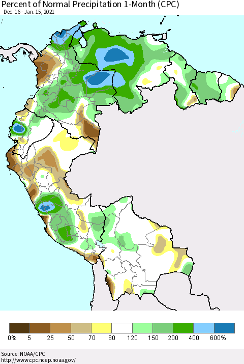 Northern South America Percent of Normal Precipitation 1-Month (CPC) Thematic Map For 12/16/2020 - 1/15/2021