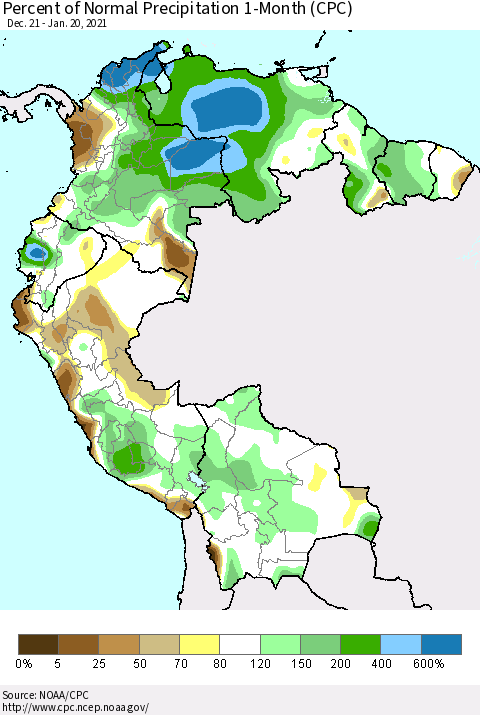 Northern South America Percent of Normal Precipitation 1-Month (CPC) Thematic Map For 12/21/2020 - 1/20/2021