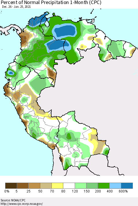 Northern South America Percent of Normal Precipitation 1-Month (CPC) Thematic Map For 12/26/2020 - 1/25/2021