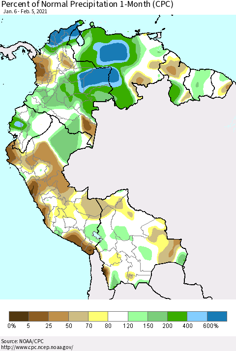 Northern South America Percent of Normal Precipitation 1-Month (CPC) Thematic Map For 1/6/2021 - 2/5/2021