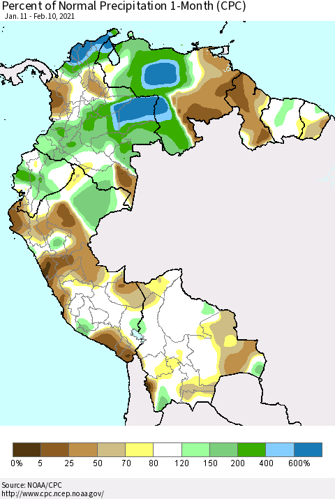 Northern South America Percent of Normal Precipitation 1-Month (CPC) Thematic Map For 1/11/2021 - 2/10/2021