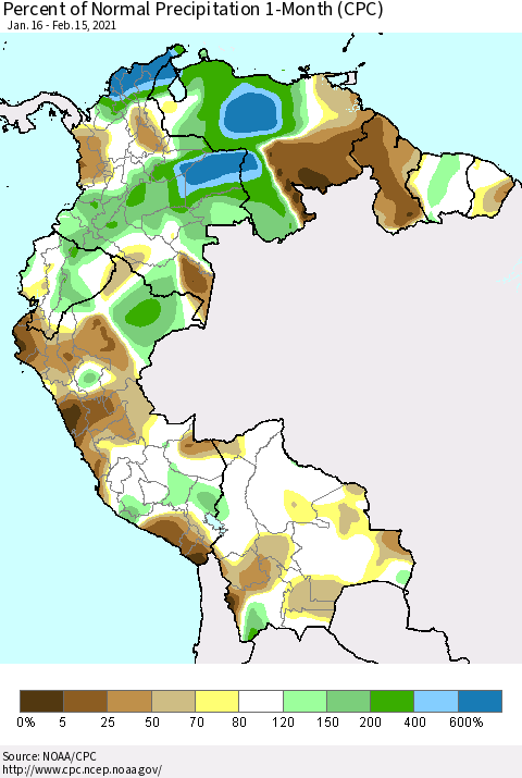 Northern South America Percent of Normal Precipitation 1-Month (CPC) Thematic Map For 1/16/2021 - 2/15/2021