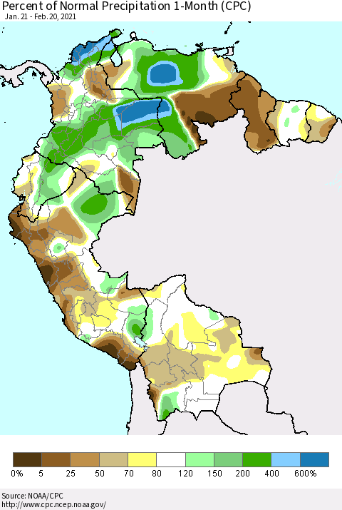 Northern South America Percent of Normal Precipitation 1-Month (CPC) Thematic Map For 1/21/2021 - 2/20/2021