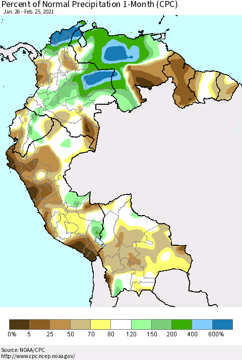 Northern South America Percent of Normal Precipitation 1-Month (CPC) Thematic Map For 1/26/2021 - 2/25/2021