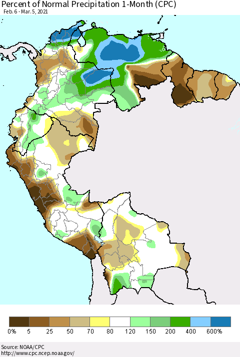 Northern South America Percent of Normal Precipitation 1-Month (CPC) Thematic Map For 2/6/2021 - 3/5/2021