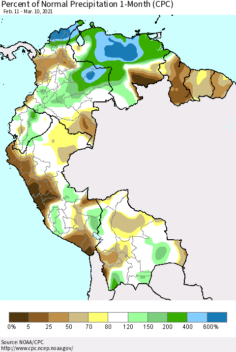 Northern South America Percent of Normal Precipitation 1-Month (CPC) Thematic Map For 2/11/2021 - 3/10/2021