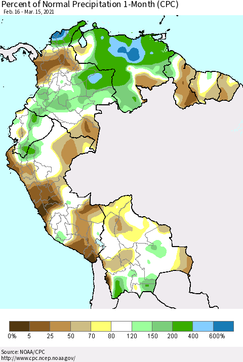 Northern South America Percent of Normal Precipitation 1-Month (CPC) Thematic Map For 2/16/2021 - 3/15/2021