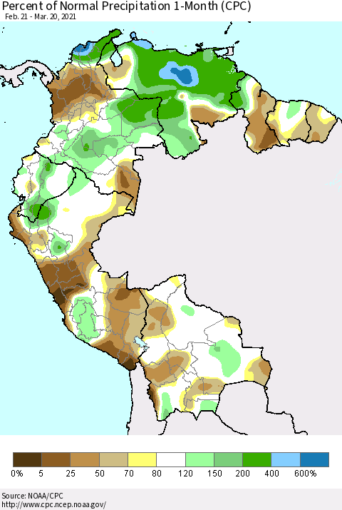 Northern South America Percent of Normal Precipitation 1-Month (CPC) Thematic Map For 2/21/2021 - 3/20/2021