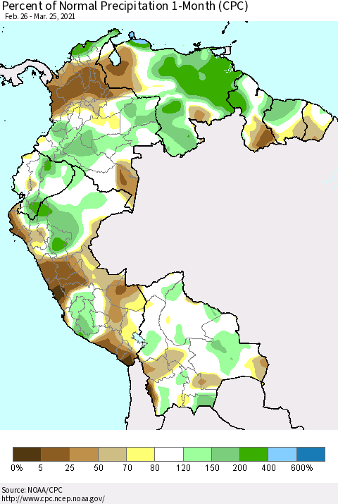 Northern South America Percent of Normal Precipitation 1-Month (CPC) Thematic Map For 2/26/2021 - 3/25/2021