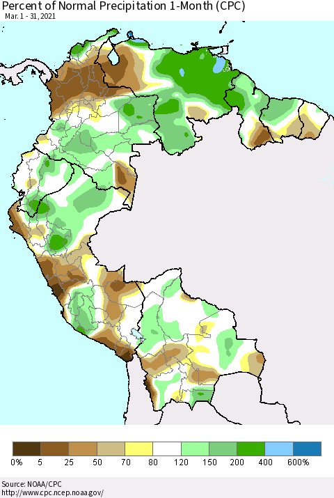 Northern South America Percent of Normal Precipitation 1-Month (CPC) Thematic Map For 3/1/2021 - 3/31/2021