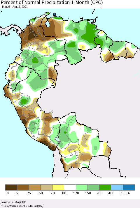 Northern South America Percent of Normal Precipitation 1-Month (CPC) Thematic Map For 3/6/2021 - 4/5/2021