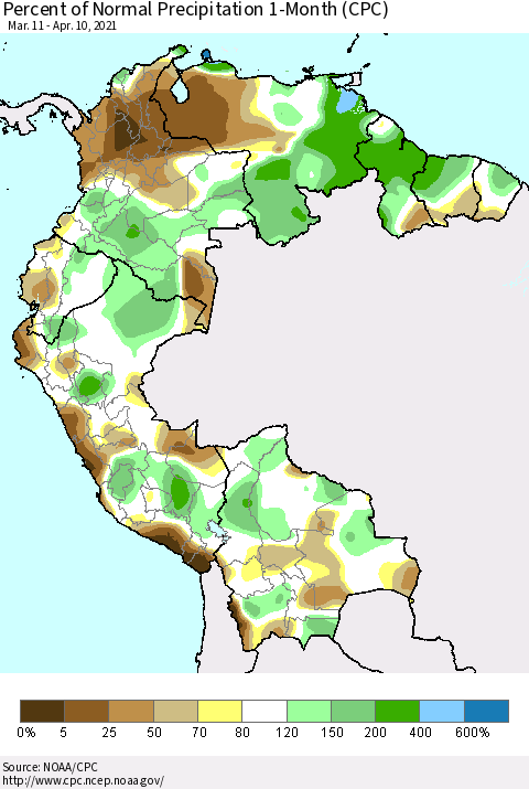 Northern South America Percent of Normal Precipitation 1-Month (CPC) Thematic Map For 3/11/2021 - 4/10/2021