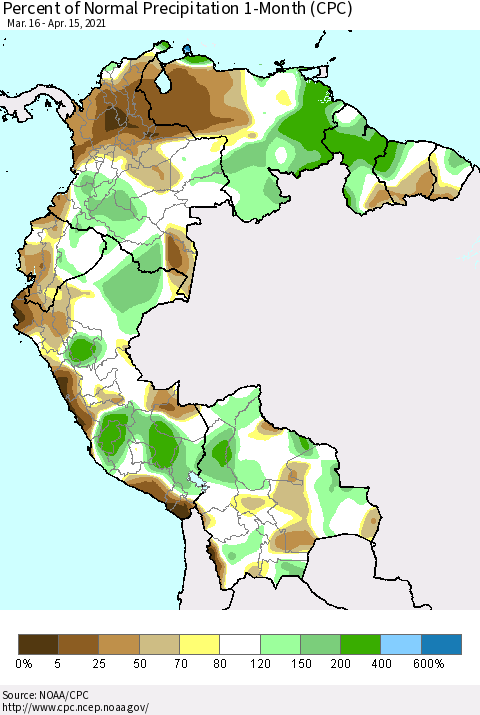 Northern South America Percent of Normal Precipitation 1-Month (CPC) Thematic Map For 3/16/2021 - 4/15/2021