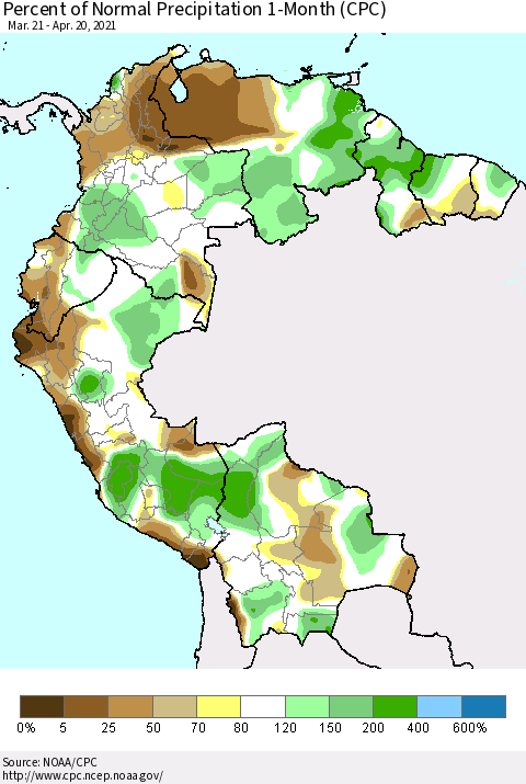 Northern South America Percent of Normal Precipitation 1-Month (CPC) Thematic Map For 3/21/2021 - 4/20/2021