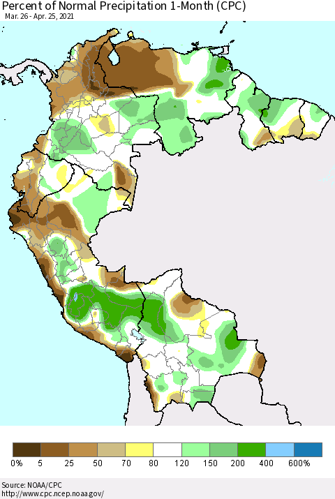 Northern South America Percent of Normal Precipitation 1-Month (CPC) Thematic Map For 3/26/2021 - 4/25/2021