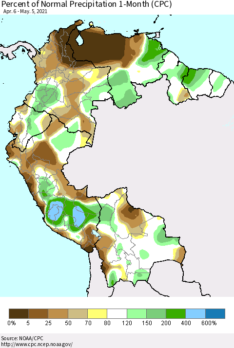 Northern South America Percent of Normal Precipitation 1-Month (CPC) Thematic Map For 4/6/2021 - 5/5/2021