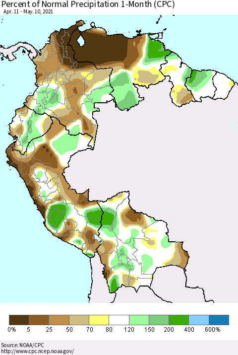 Northern South America Percent of Normal Precipitation 1-Month (CPC) Thematic Map For 4/11/2021 - 5/10/2021