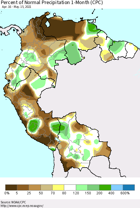 Northern South America Percent of Normal Precipitation 1-Month (CPC) Thematic Map For 4/16/2021 - 5/15/2021