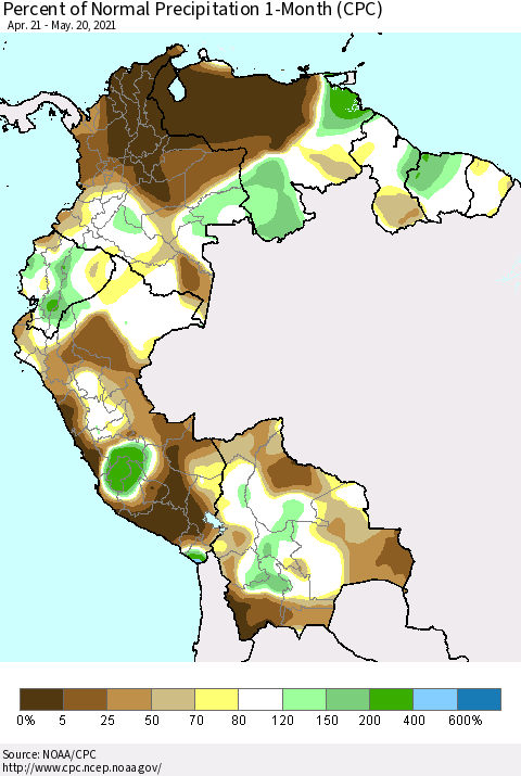 Northern South America Percent of Normal Precipitation 1-Month (CPC) Thematic Map For 4/21/2021 - 5/20/2021