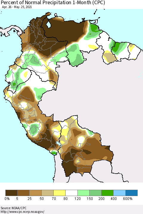 Northern South America Percent of Normal Precipitation 1-Month (CPC) Thematic Map For 4/26/2021 - 5/25/2021