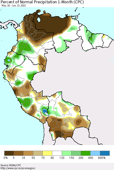 Northern South America Percent of Normal Precipitation 1-Month (CPC) Thematic Map For 5/16/2021 - 6/15/2021