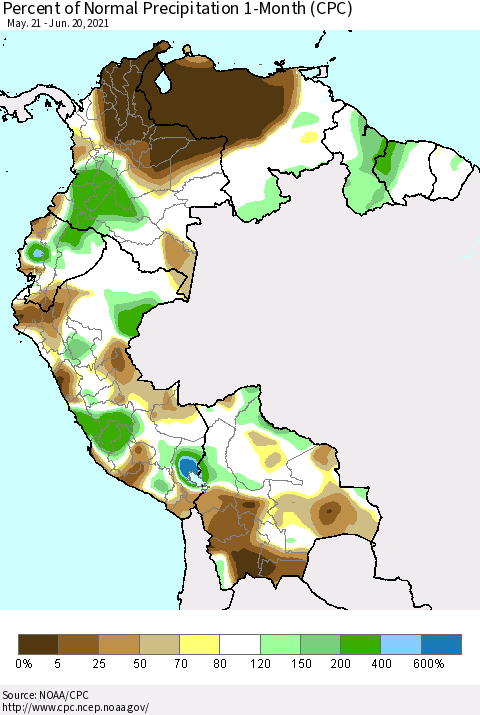 Northern South America Percent of Normal Precipitation 1-Month (CPC) Thematic Map For 5/21/2021 - 6/20/2021