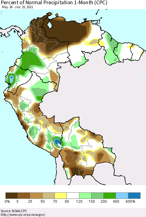 Northern South America Percent of Normal Precipitation 1-Month (CPC) Thematic Map For 5/26/2021 - 6/25/2021