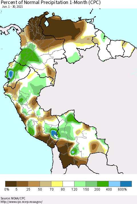 Northern South America Percent of Normal Precipitation 1-Month (CPC) Thematic Map For 6/1/2021 - 6/30/2021