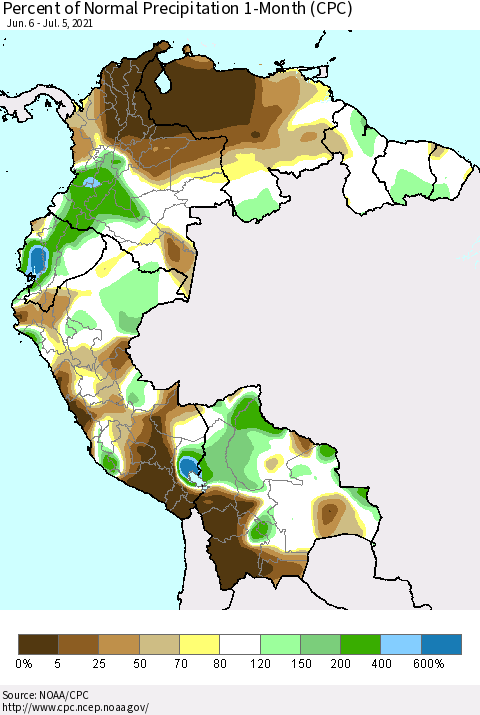 Northern South America Percent of Normal Precipitation 1-Month (CPC) Thematic Map For 6/6/2021 - 7/5/2021