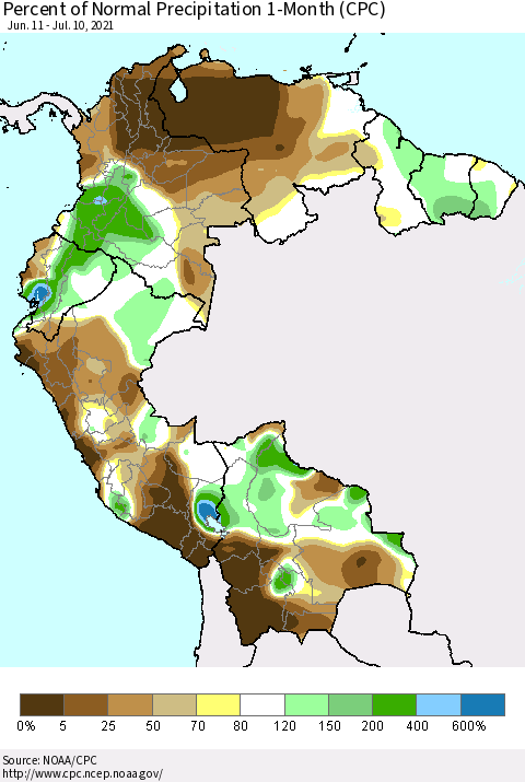 Northern South America Percent of Normal Precipitation 1-Month (CPC) Thematic Map For 6/11/2021 - 7/10/2021