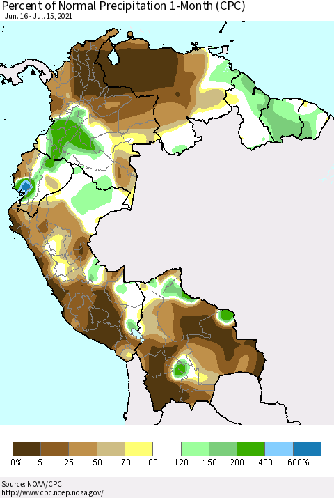 Northern South America Percent of Normal Precipitation 1-Month (CPC) Thematic Map For 6/16/2021 - 7/15/2021
