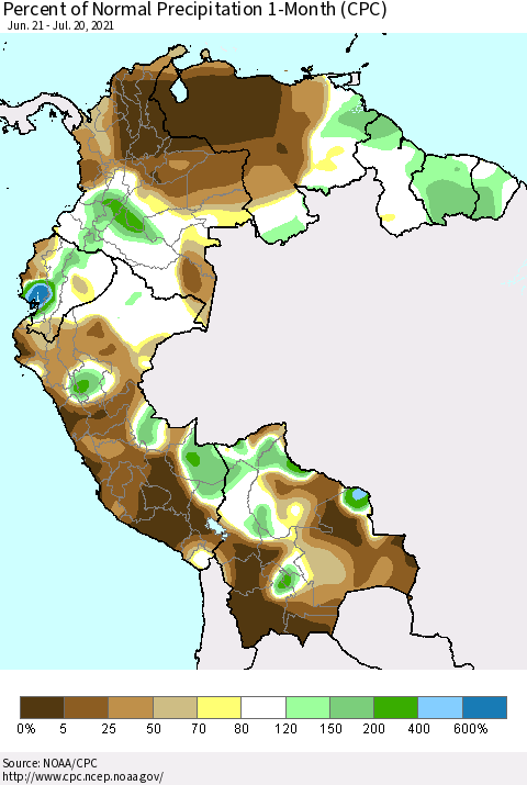 Northern South America Percent of Normal Precipitation 1-Month (CPC) Thematic Map For 6/21/2021 - 7/20/2021