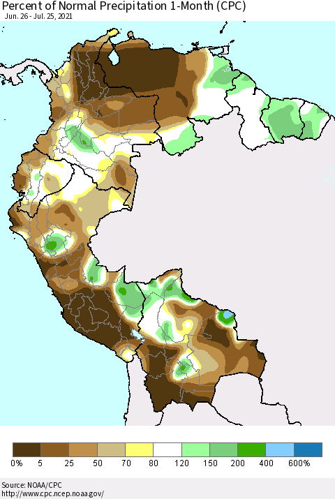 Northern South America Percent of Normal Precipitation 1-Month (CPC) Thematic Map For 6/26/2021 - 7/25/2021