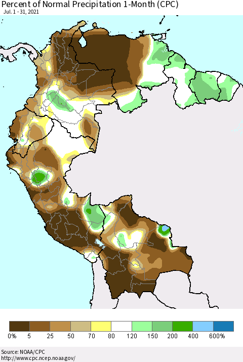 Northern South America Percent of Normal Precipitation 1-Month (CPC) Thematic Map For 7/1/2021 - 7/31/2021