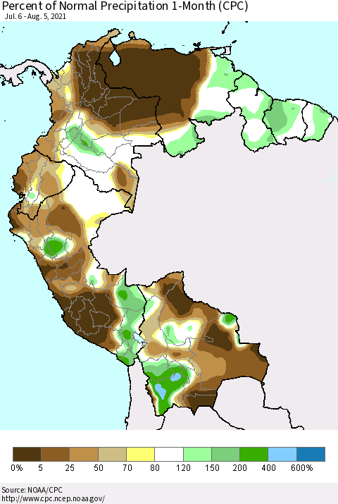 Northern South America Percent of Normal Precipitation 1-Month (CPC) Thematic Map For 7/6/2021 - 8/5/2021