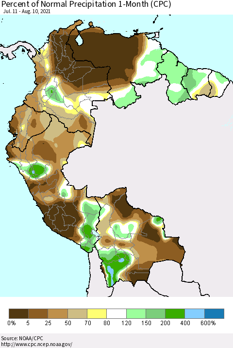 Northern South America Percent of Normal Precipitation 1-Month (CPC) Thematic Map For 7/11/2021 - 8/10/2021