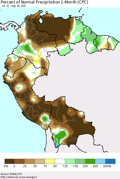 Northern South America Percent of Normal Precipitation 1-Month (CPC) Thematic Map For 7/21/2021 - 8/20/2021