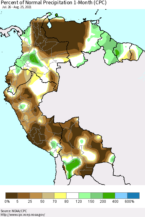 Northern South America Percent of Normal Precipitation 1-Month (CPC) Thematic Map For 7/26/2021 - 8/25/2021