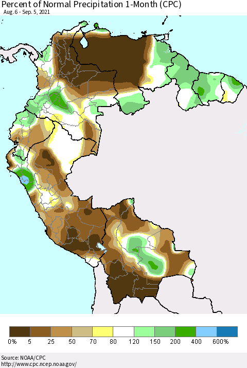 Northern South America Percent of Normal Precipitation 1-Month (CPC) Thematic Map For 8/6/2021 - 9/5/2021