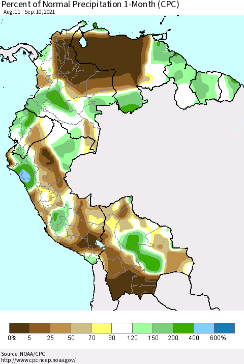 Northern South America Percent of Normal Precipitation 1-Month (CPC) Thematic Map For 8/11/2021 - 9/10/2021