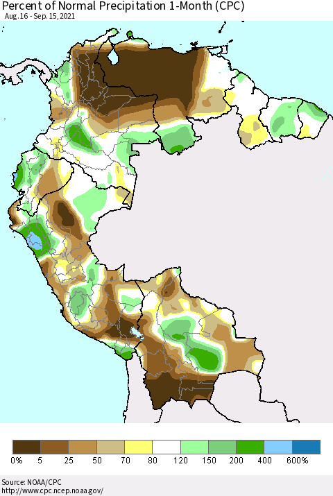 Northern South America Percent of Normal Precipitation 1-Month (CPC) Thematic Map For 8/16/2021 - 9/15/2021