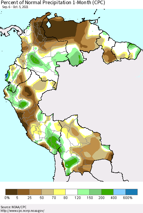 Northern South America Percent of Normal Precipitation 1-Month (CPC) Thematic Map For 9/6/2021 - 10/5/2021