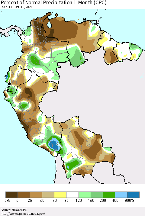Northern South America Percent of Normal Precipitation 1-Month (CPC) Thematic Map For 9/11/2021 - 10/10/2021