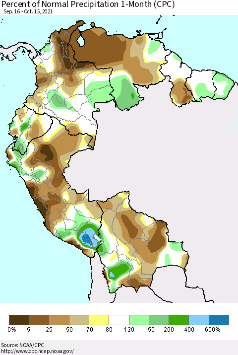 Northern South America Percent of Normal Precipitation 1-Month (CPC) Thematic Map For 9/16/2021 - 10/15/2021