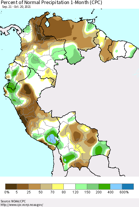 Northern South America Percent of Normal Precipitation 1-Month (CPC) Thematic Map For 9/21/2021 - 10/20/2021